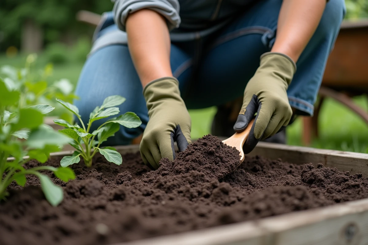 Femme appliquant du compost en surface sur un carré potager sans retourner le sol