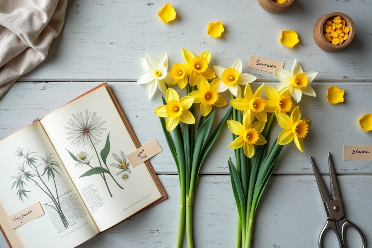 Vue de dessus d'un arrangement de narcisses et jonquilles étiquetés sur une table en bois avec un guide botanique, idéal pour distinguer les variétés au jardin