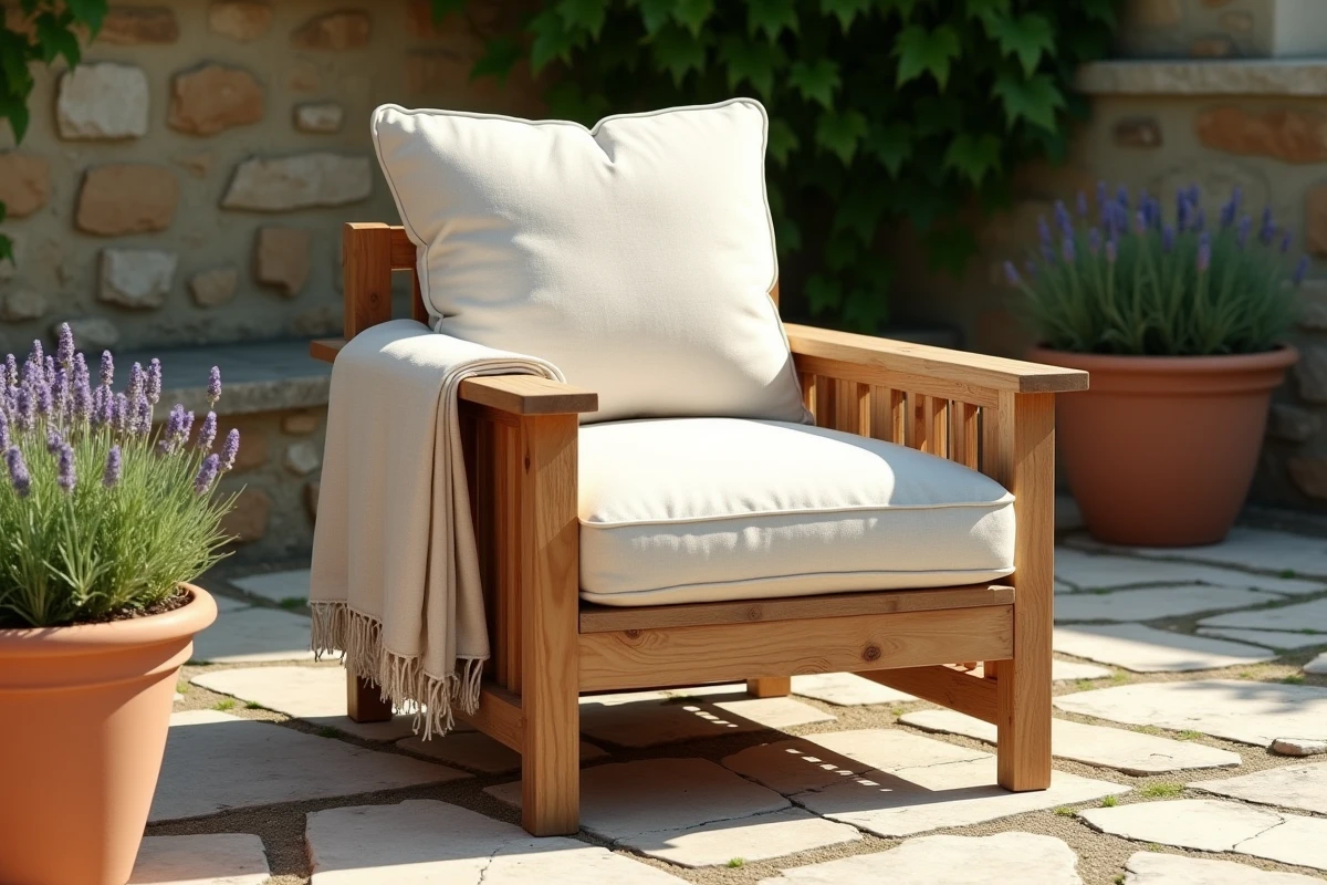 Fauteuil de jardin en teck avec coussins en lin beige sur une terrasse en pierre de style provençal entourée de plantes aromatiques