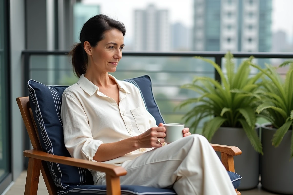 Femme assise dans un fauteuil teck avec coussins rayés bleu marine sur un balcon urbain contemporain tenant une tasse de café