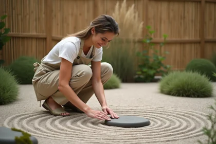 Femme aménageant un jardin zen avec gravier ratissé et pierres rondes pour un espace sans entretien