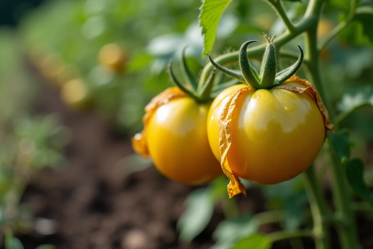 Feuilles de tomates jaunissantes après orage avec gouttes d'eau et bords brûlés par la canicule en gros plan