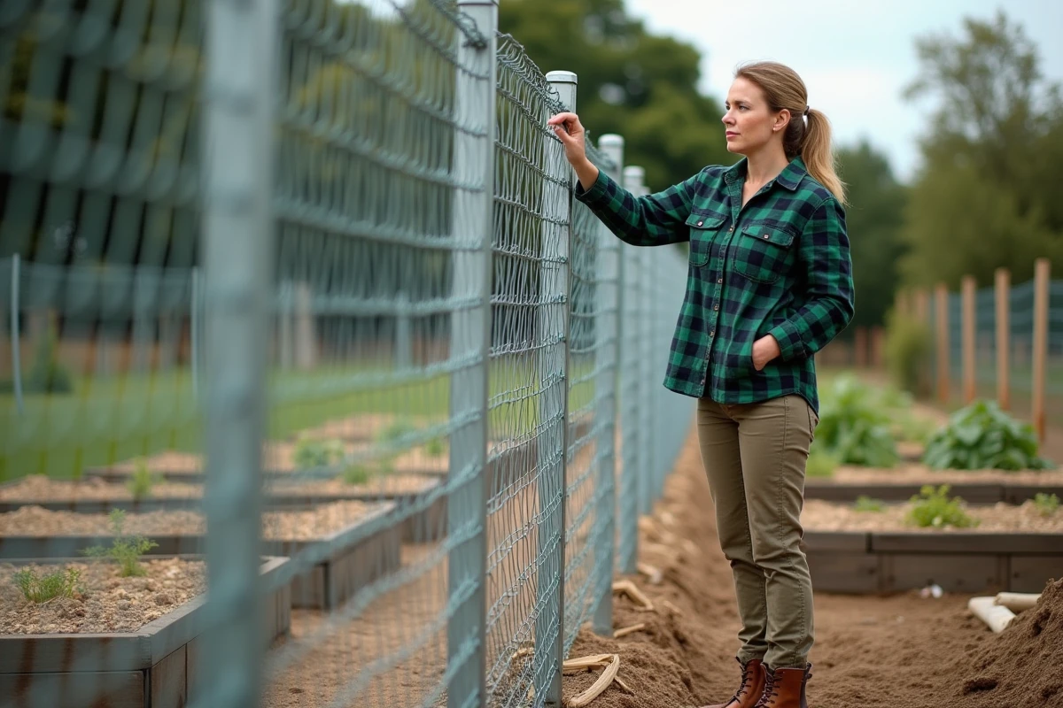 Femme inspectant un grillage posé sans béton le long d'une bordure de jardin potager en milieu rural