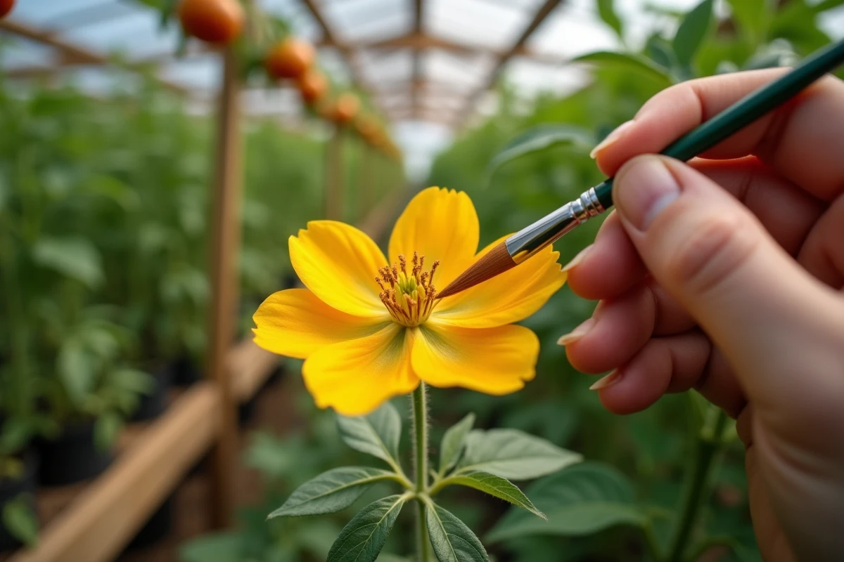 Gros plan sur la pollinisation d'une fleur de tomate avec un pinceau fin pour transfert de pollen