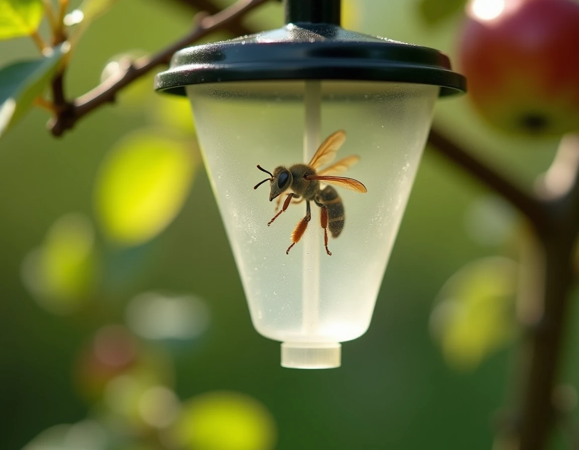 Gros plan sur le mécanisme d'entrée sélective d'un piège à frelon asiatique suspendu à une branche d'arbre