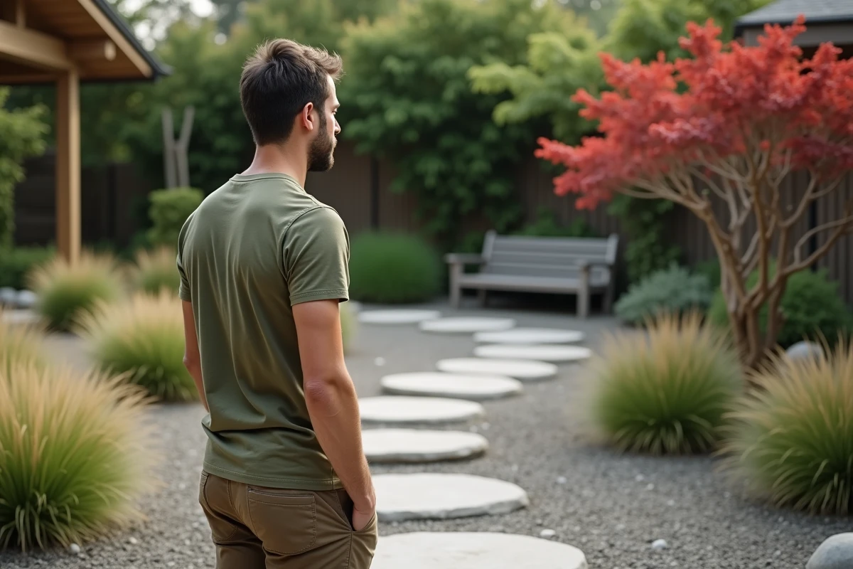 Homme contemplant un jardin zen avec chemin en pierres plates et graminées ornementales facile d'entretien