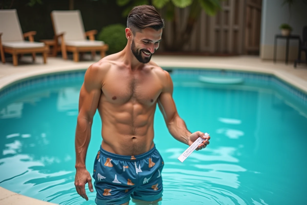 Homme debout dans les marches d'une piscine à l'eau claire et saine, vérifiant le résultat du traitement choc au chlore avec une bandelette de test