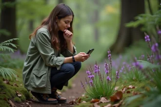 Femme utilisant une application d'identification de fleurs par photo lors d'une balade en forêt