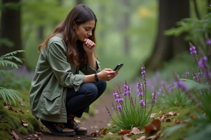 Femme utilisant une application d'identification de fleurs par photo lors d'une balade en forêt