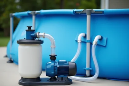 Schéma installation pompe et filtre à sable pour piscine Intex avec tuyaux PVC sur terrasse béton