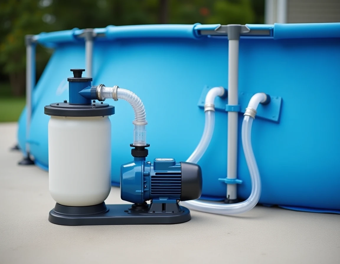 Schéma installation pompe et filtre à sable pour piscine Intex avec tuyaux PVC sur terrasse béton