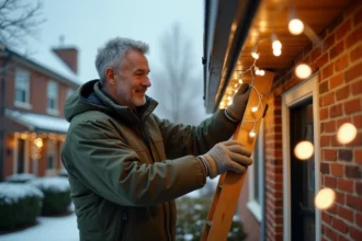 Homme installant des guirlandes lumineuses LED blanches en toute sécurité sur la façade extérieure d'une maison en hiver