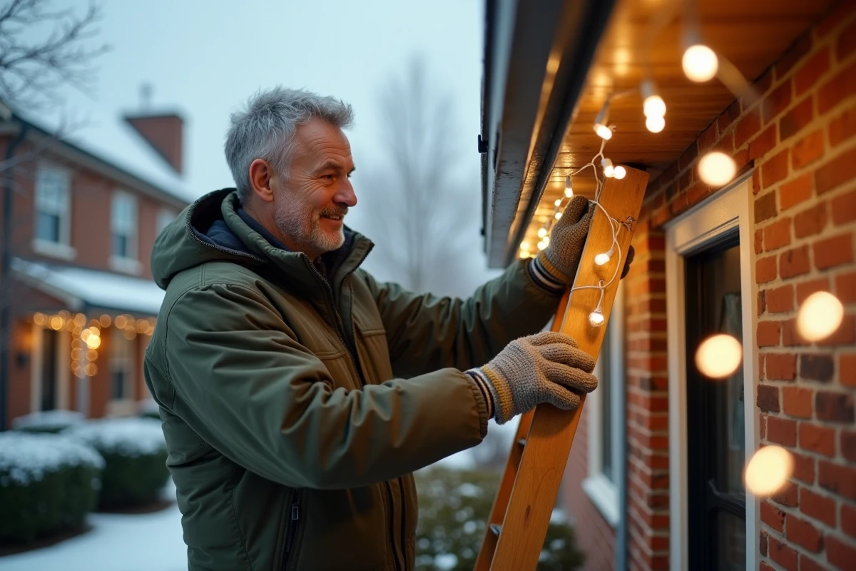 Homme installant des guirlandes lumineuses LED blanches en toute sécurité sur la façade extérieure d'une maison en hiver