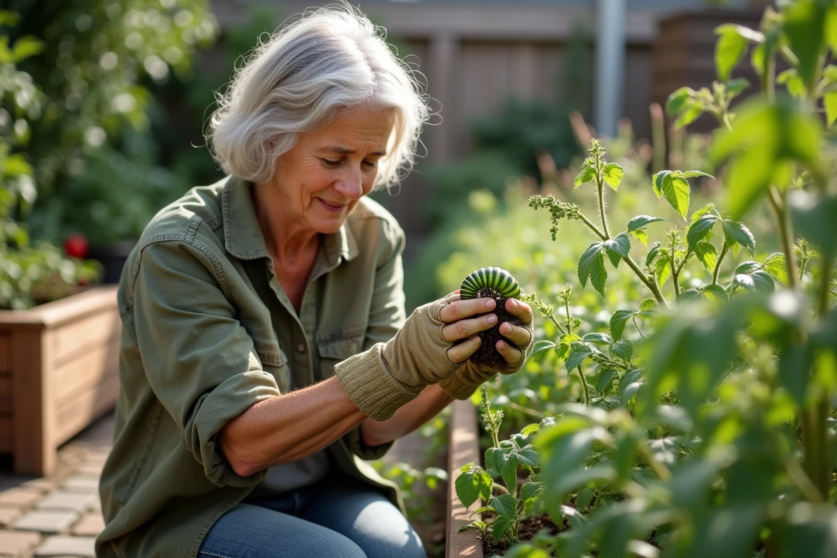 Jardinière examinant une chenille verte dans son potager avec des gants de jardinage