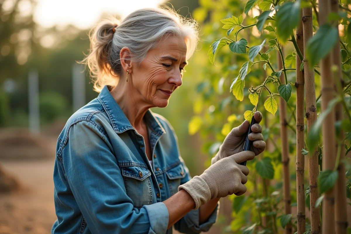 Jardinière inspectant et taillant les feuilles jaunes de plants de tomates stressés par la chaleur estivale