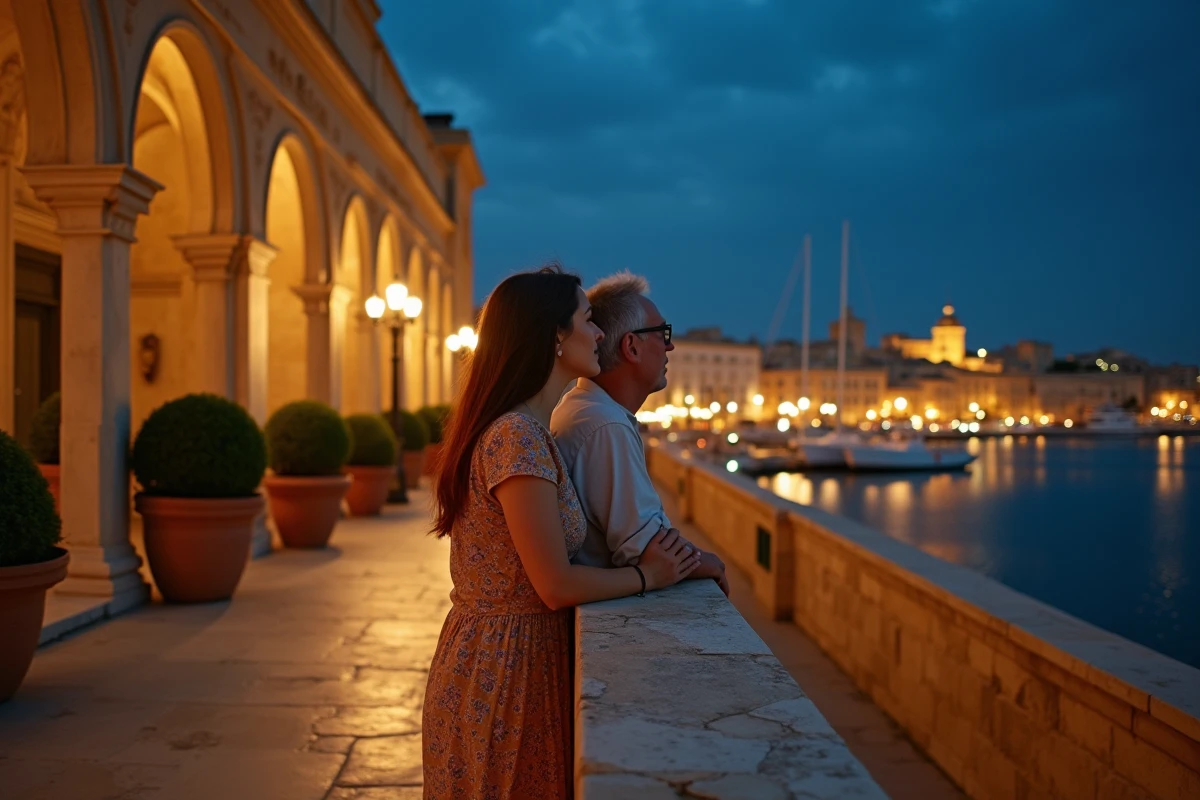 Couple admirant le panorama nocturne du Grand Port depuis les jardins Barrakka supérieurs à La Valette, Malte