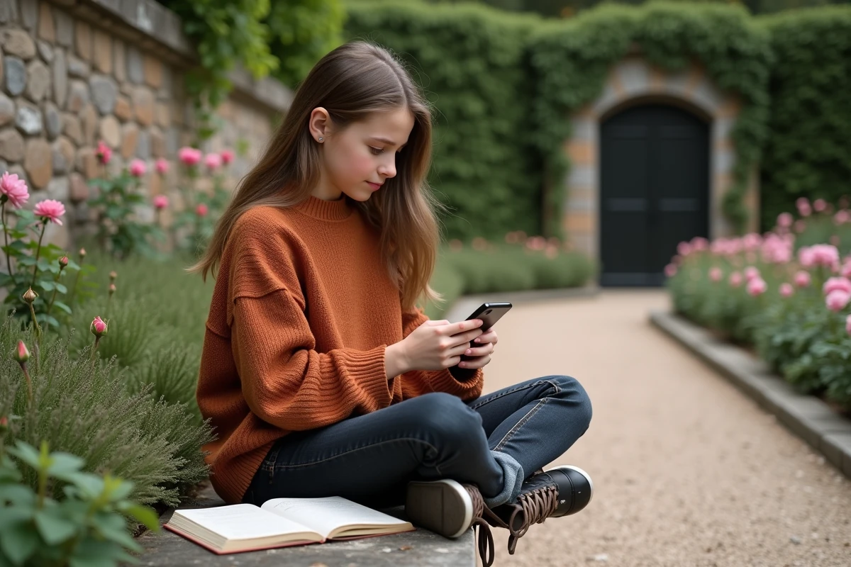 Jeune fille consultant une application d'identification de fleurs dans un jardin botanique