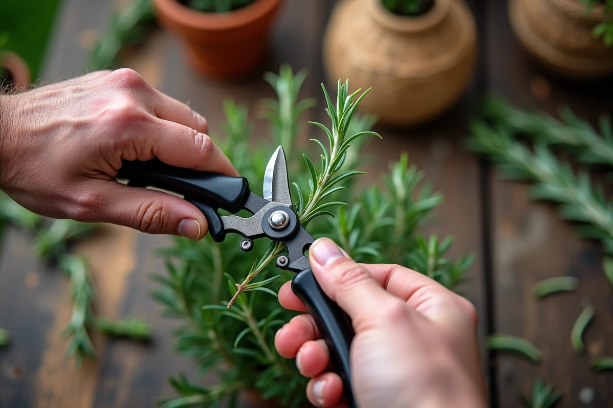 Mains tenant un sécateur au-dessus d'un brin de romarin pour illustrer jusqu'où couper sans abîmer la plante