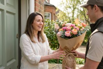 Femme recevant un bouquet de fleurs livré à domicile par un livreur devant une porte verte