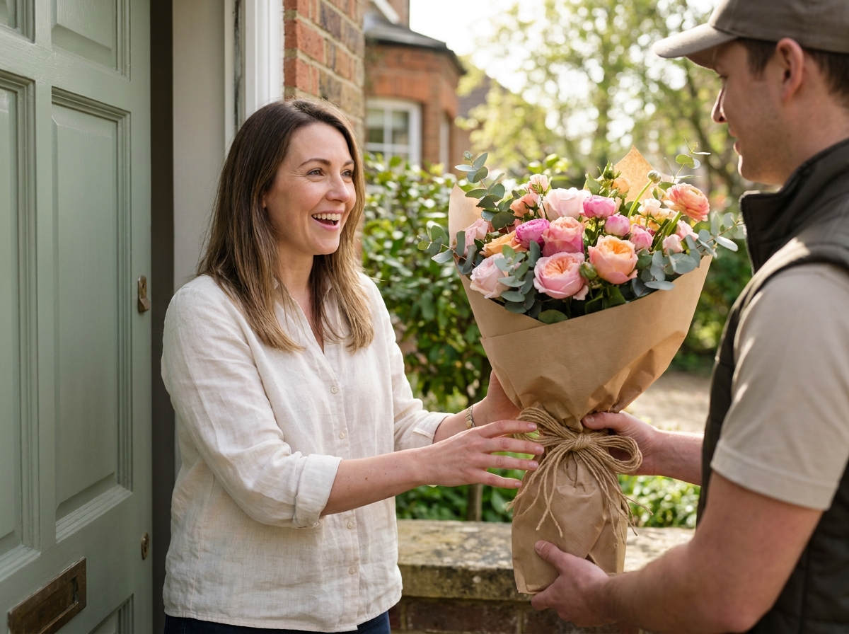 Femme recevant un bouquet de fleurs livré à domicile par un livreur devant une porte verte