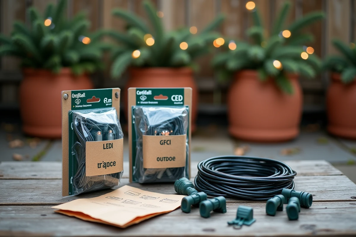 Matériel certifié pour installation sécurisée de guirlandes lumineuses extérieures de Noël disposé sur une table de jardin