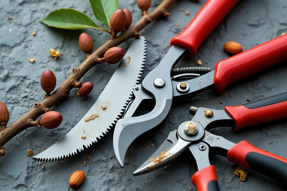 Assortiment d'outils de taille pour Prunus posés sur pierre grise : sécateur, scie élagueuse et ébrancheur avec une branche coupée