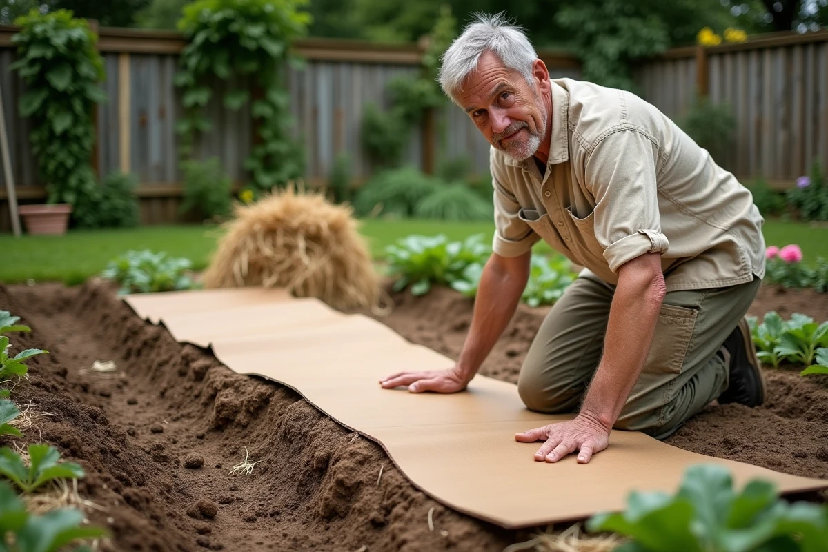 Homme posant du carton sur le sol d'un potager pour enrichir la terre sans bêcher