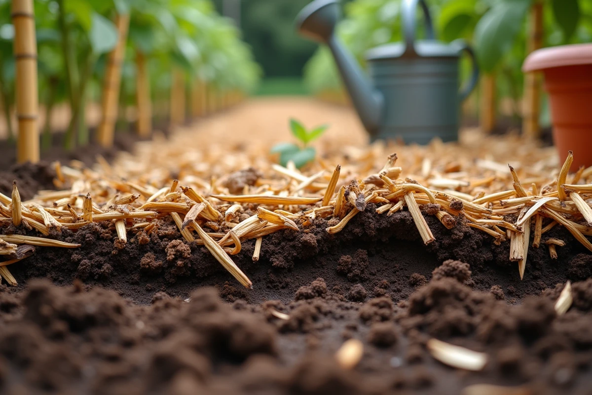 Paillis organique de paille et feuilles mortes couvrant la terre d'un potager pour l'enrichir naturellement