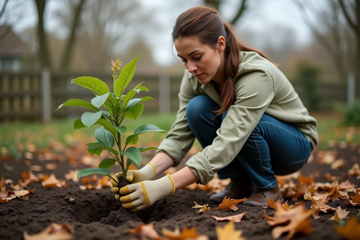 Femme plantant un jeune plant de kiwi en automne dans un sol meuble entouré de feuilles mortes