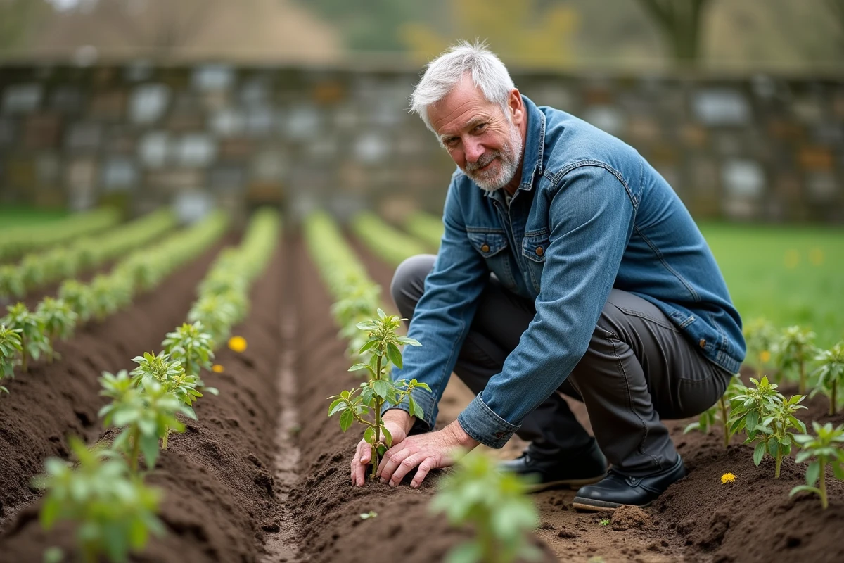 Homme plantant un kiwi au printemps avec tuteur en bois dans un jardin potager en pleine reprise végétale