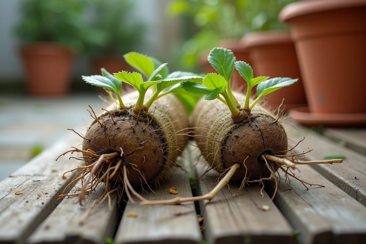 Deux plants de kiwi à racines nues comparés côte à côte sur un établi de jardin pour illustrer la plantation en automne et au printemps