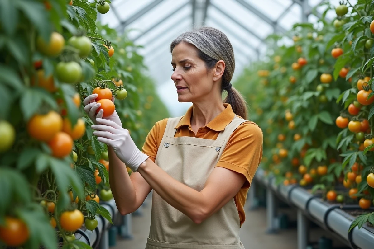 Femme pollinisant des fleurs de tomates à la main avec un vibrateur électrique dans une serre maraîchère