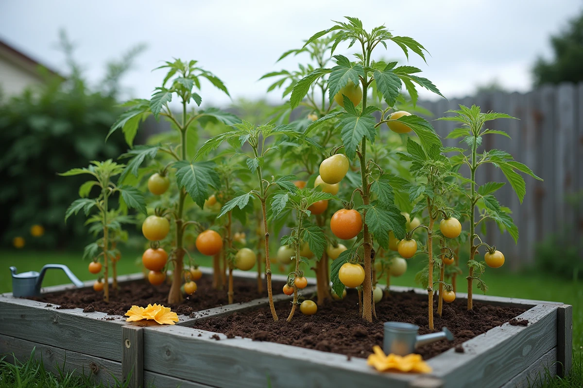 Vue large d'un potager surélevé avec plants de tomates jaunes et stressés après une canicule et un orage