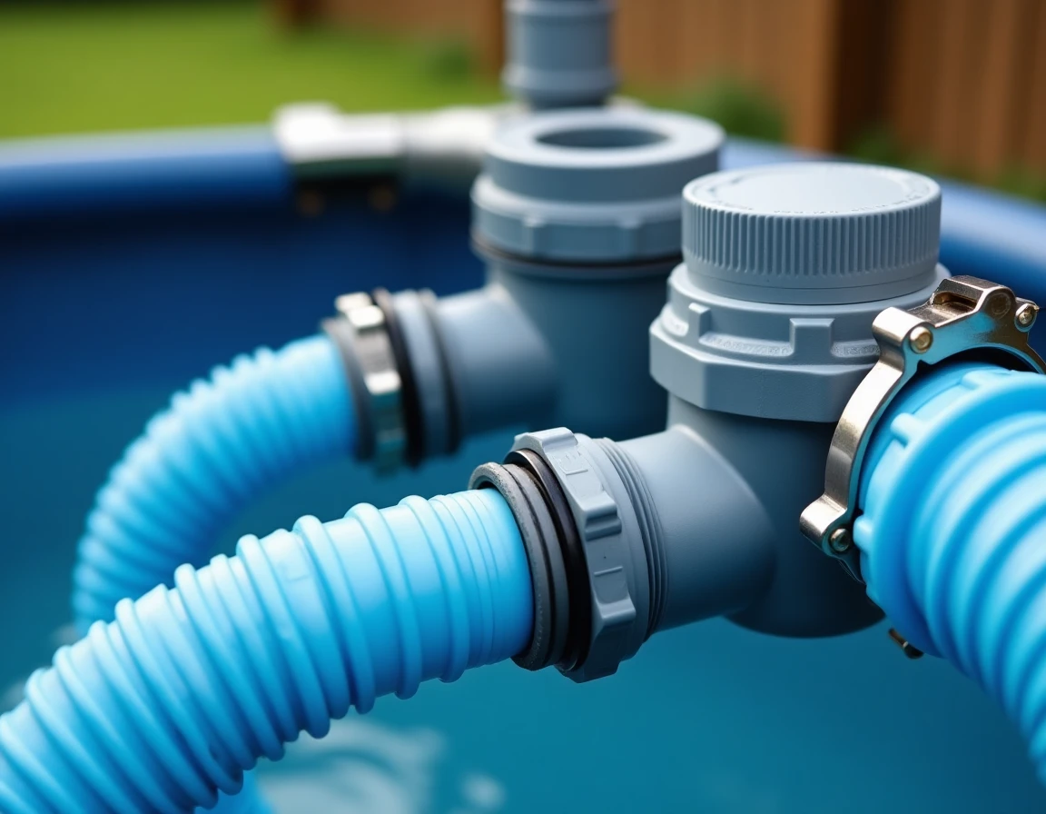 Détail des raccords et tuyaux de connexion entre la pompe et le filtre à sable d'une piscine Intex