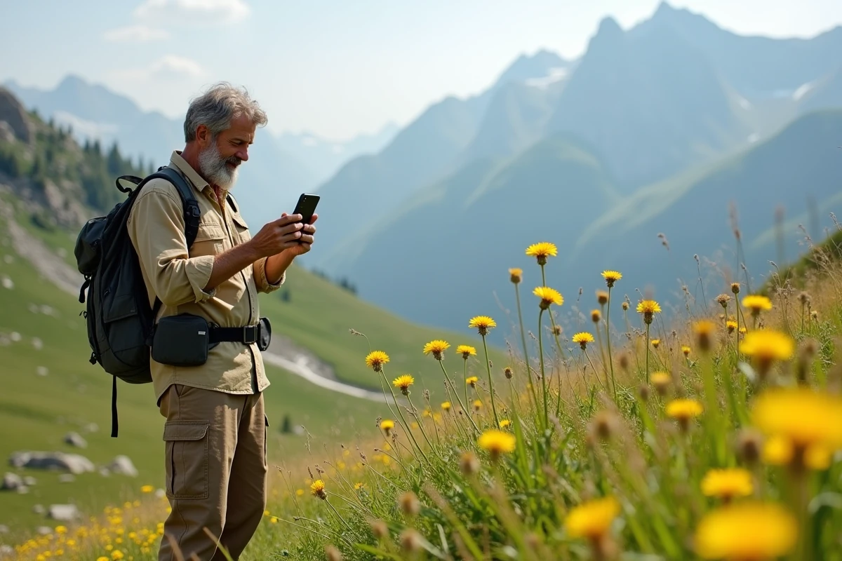 Randonneur identifiant une fleur sauvage jaune avec son téléphone dans une prairie alpine