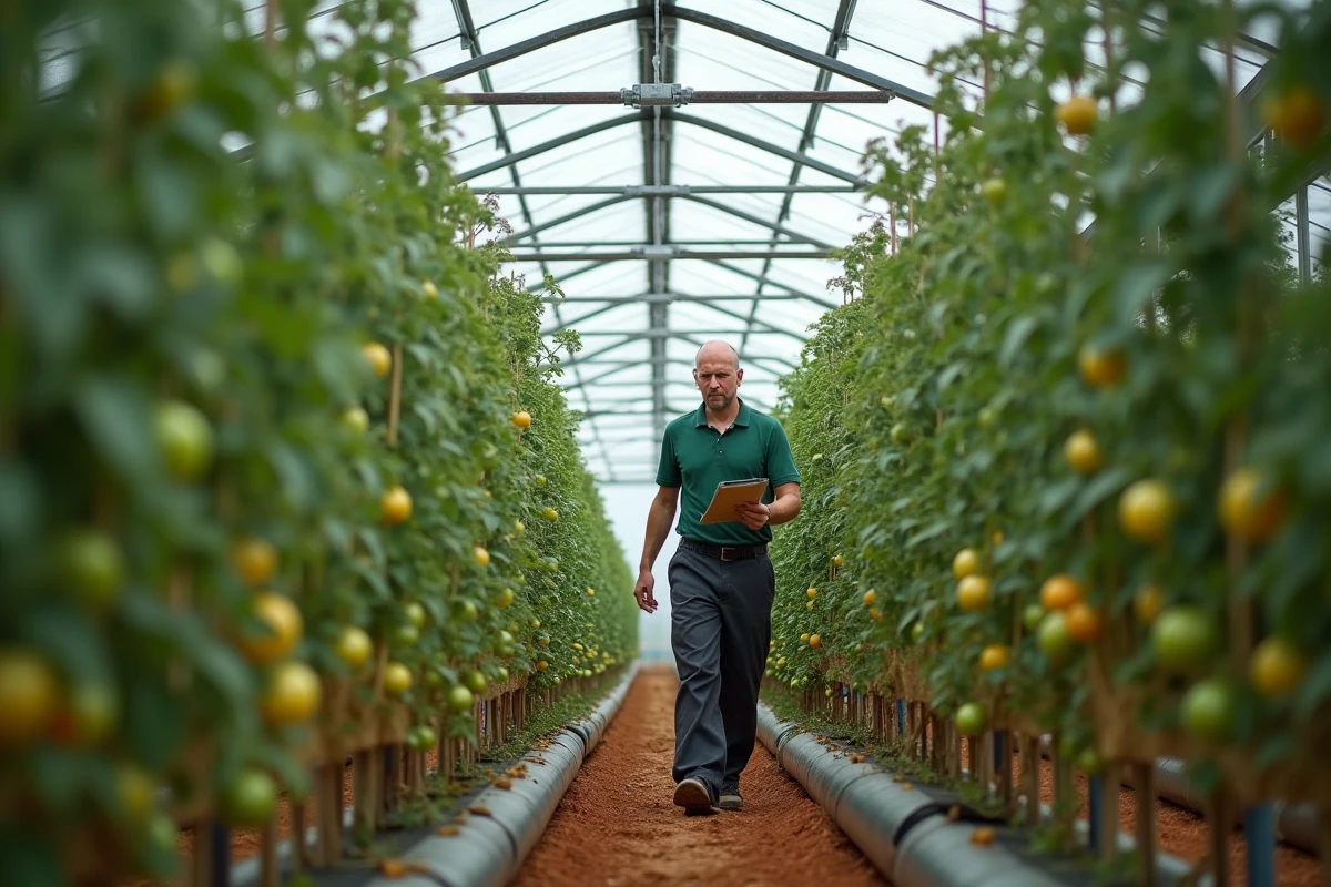 Vue intérieure d'une serre commerciale de tomates avec rangées de plants en fleurs et maraîcher inspectant la pollinisation
