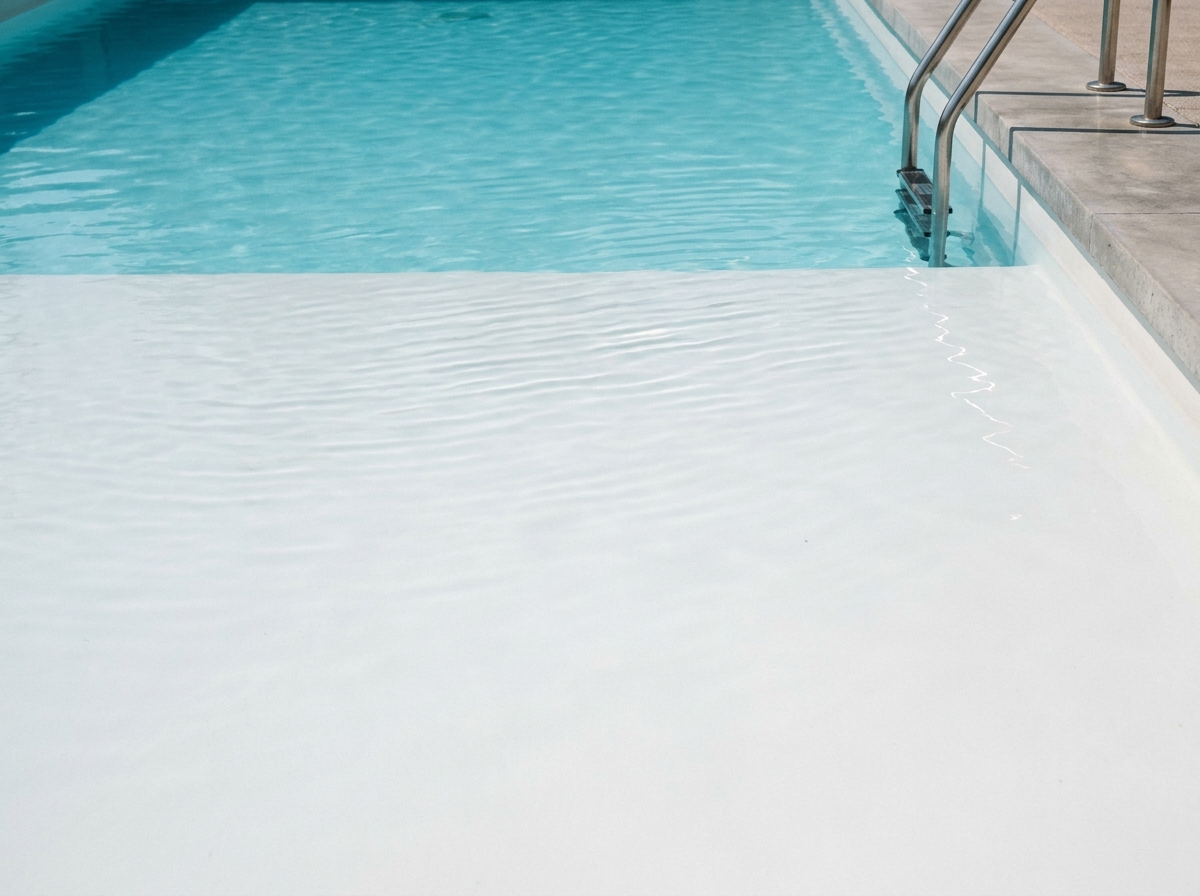 Gros plan sur la surface lisse et brillante d'un revêtement gel-coat au fond d'une piscine avec eau turquoise