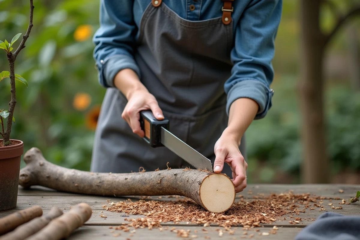 Femme utilisant une scie à élaguer pour couper une branche épaisse de Prunus sur un établi de jardinage en bois