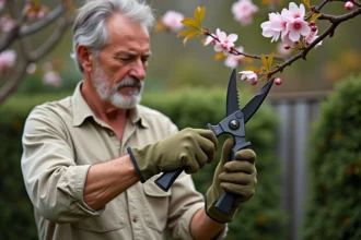 Jardinier expérimenté utilisant un sécateur bypass pour tailler une branche de Prunus en fleurs dans un jardin verdoyant