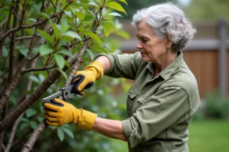 Femme taillant sévèrement un seringat dans un jardin de banlieue avec un sécateur bypass, révélant la structure interne du buisson