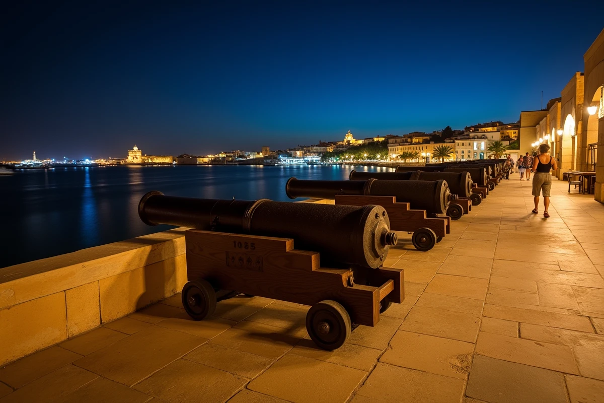 Terrasse des canons des jardins Barrakka la nuit avec vue éclairée sur le Grand Port de La Valette, Malte