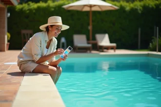 Femme testant la qualité de l'eau d'une piscine propre et claire après un traitement choc au chlore, avec kit d'analyse en main