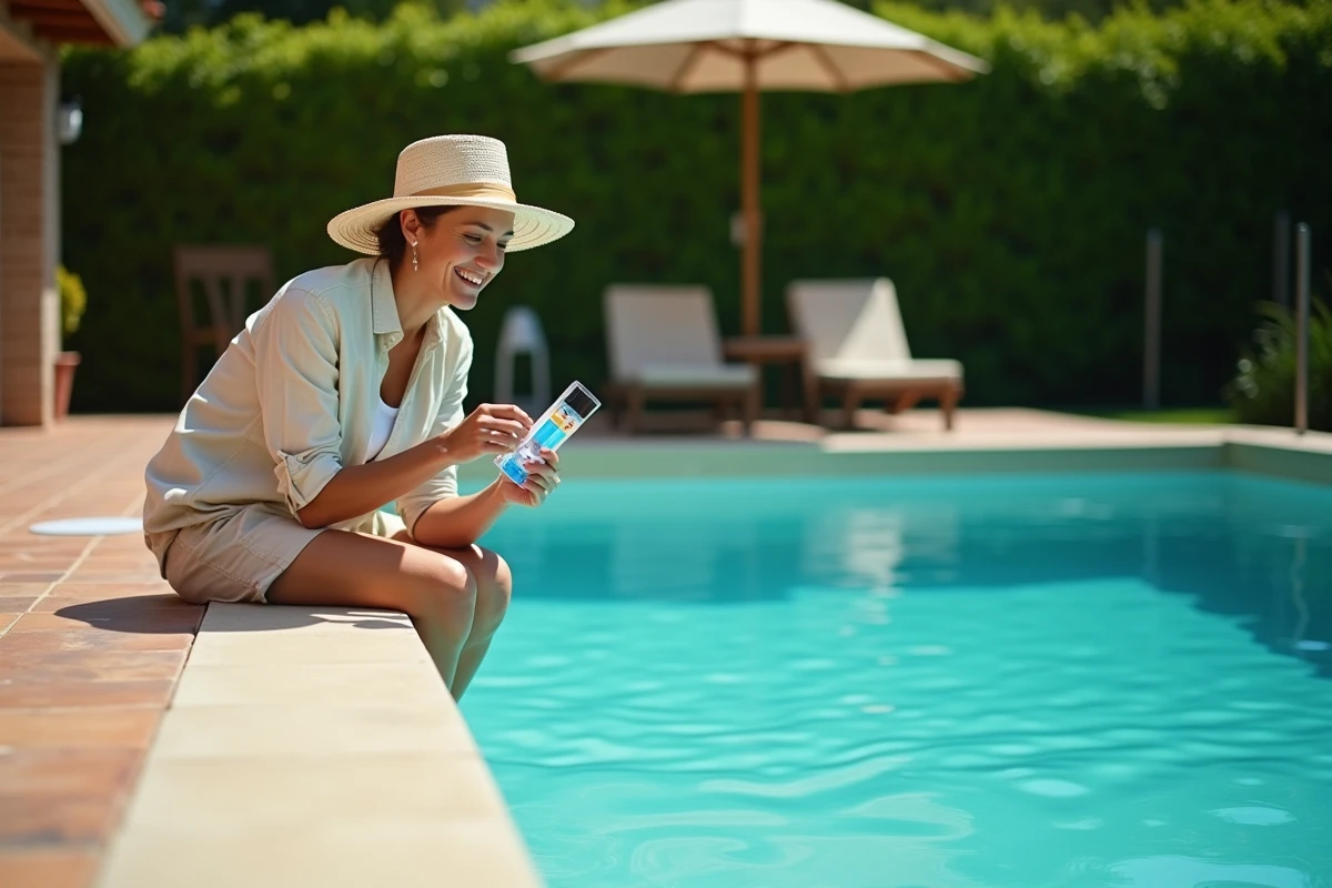 Femme testant la qualité de l'eau d'une piscine propre et claire après un traitement choc au chlore, avec kit d'analyse en main