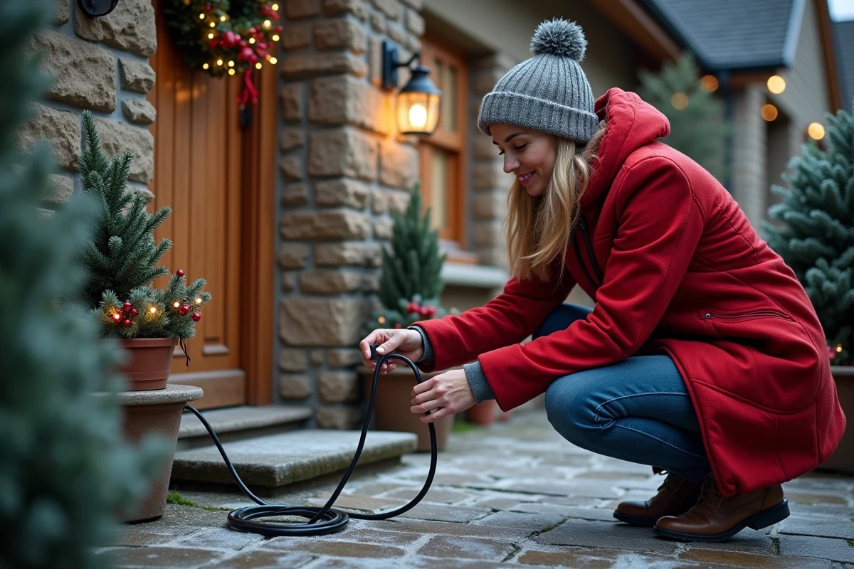 Femme vérifiant les branchements électriques étanches d'une décoration lumineuse de Noël dans un jardin extérieur