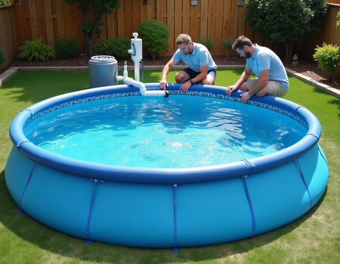 Vue d'ensemble de l'installation complète d'une piscine Intex avec filtre à sable et pompe dans un jardin résidentiel