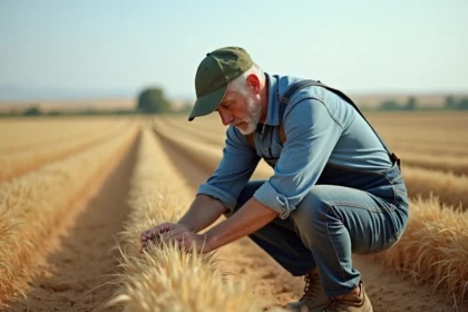 Agriculteur espagnol inspectant les mauvaises herbes dans un champ de blé en Castille, contexte réglementation glyphosate