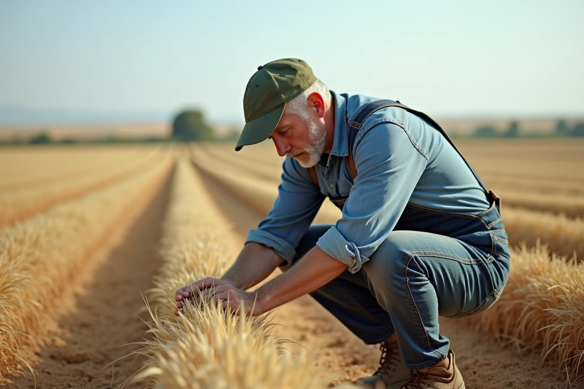 Agriculteur espagnol inspectant les mauvaises herbes dans un champ de blé en Castille, contexte réglementation glyphosate