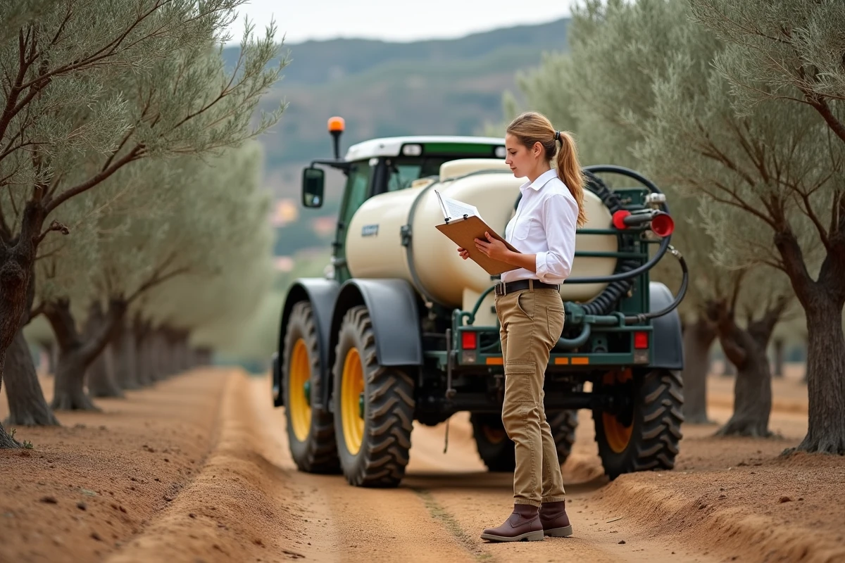 Agronome féminine consultant des documents réglementaires sur le glyphosate auprès d'un pulvérisateur agricole dans une oliveraie espagnole