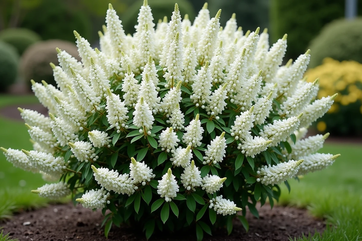 Arbuste à fleurs blanches en pleine floraison printanière dans un jardin entretenu