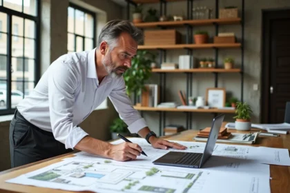 Architecte paysagiste consultant des plans 3D d'aménagement extérieur dans un studio de design moderne